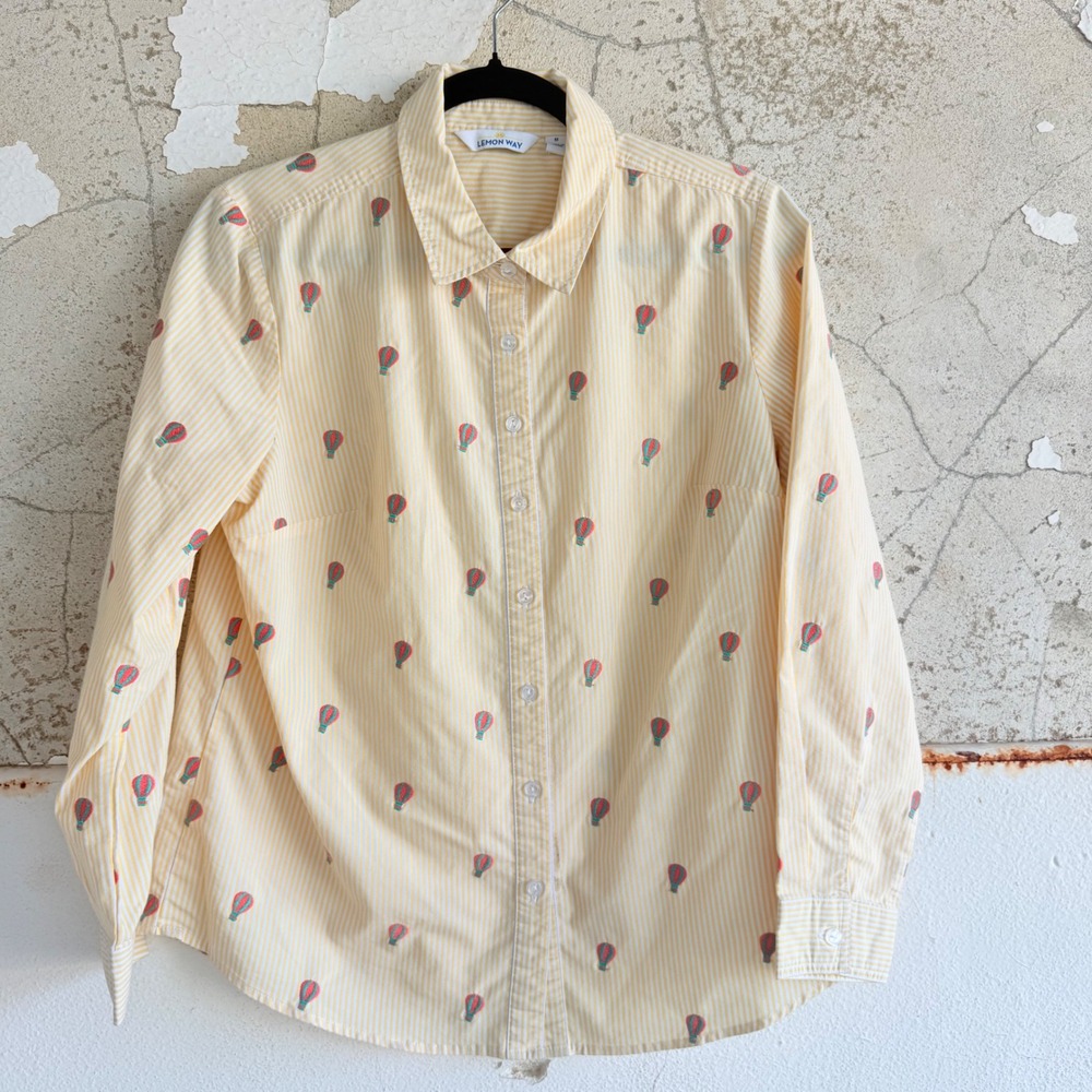 Hot Air Balloon Shirt Embroidered Button Up Top Striped Blouse Women M Lemon Way